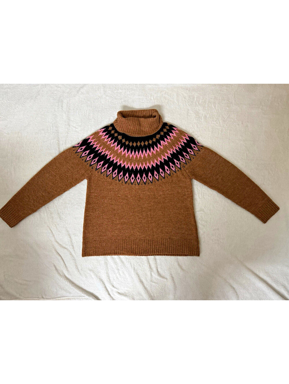 Aspen Fair Isle Turtleneck Sweater Womens XL Camel Brown Pink Black Nordic Knit